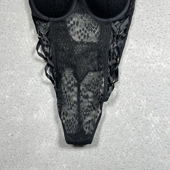 Victoria Secret Very Sexy Strappy Snake Lace Teddy W/Corset Straps 36D Black - Picture 4 of 14